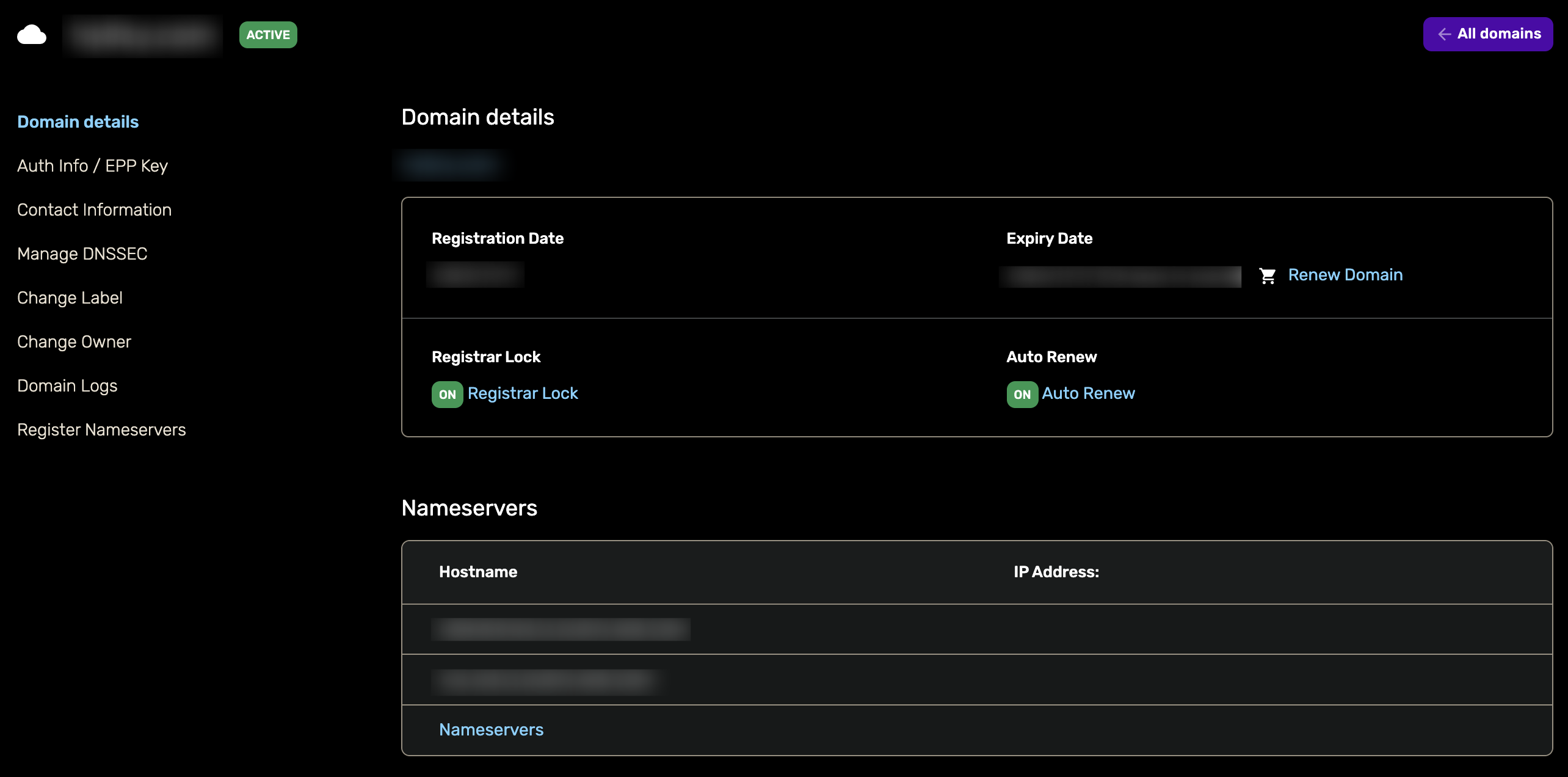 The domain details page in the client area The domain details page in the client area